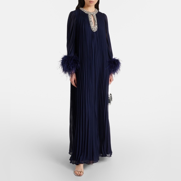 Self portrait NAVY CHIFFON FEATHER MIDI DRESS $1060 NWT - Picture 1 of 12